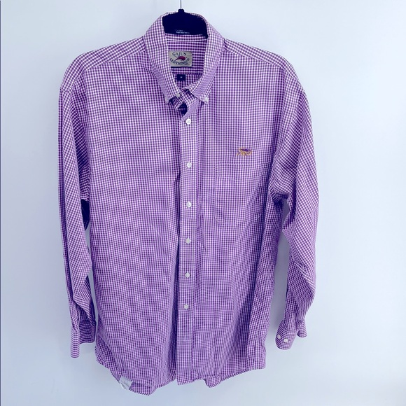 Cajun Clothing Co. cotton Wrinkle Free purple LSU gingham plaid button up shirt - Picture 1 of 7